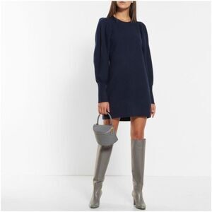 Ulla Johnson Navy Blue Viviana Wool Sweater Mini Dress with Puff Sleeves